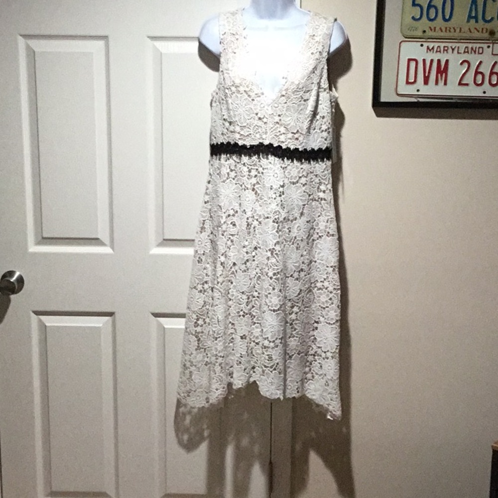⭐️ Donna Morgan Nude Lace Overlay Midi Dress - Size 8